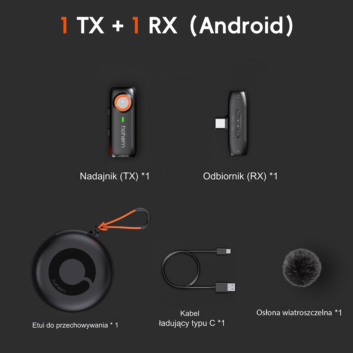 Mikrofon bezprzewodowy Hohem Lavalier MIC-01 czarny ze złączem USB Typ-C